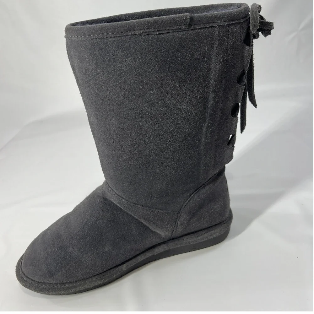 Bearpaw Youth 5 Gray Suede Shearling Lace Back Winter Boots Warm Lined Cozy‎